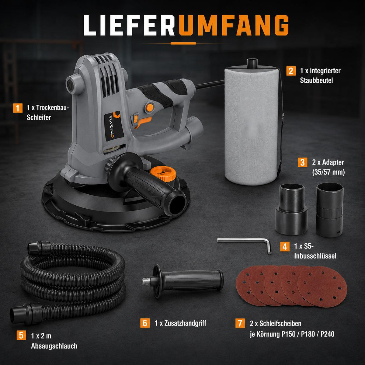 Onemana Electric Drywall Sander 750W with Vacuum Dust Collection Grey Color