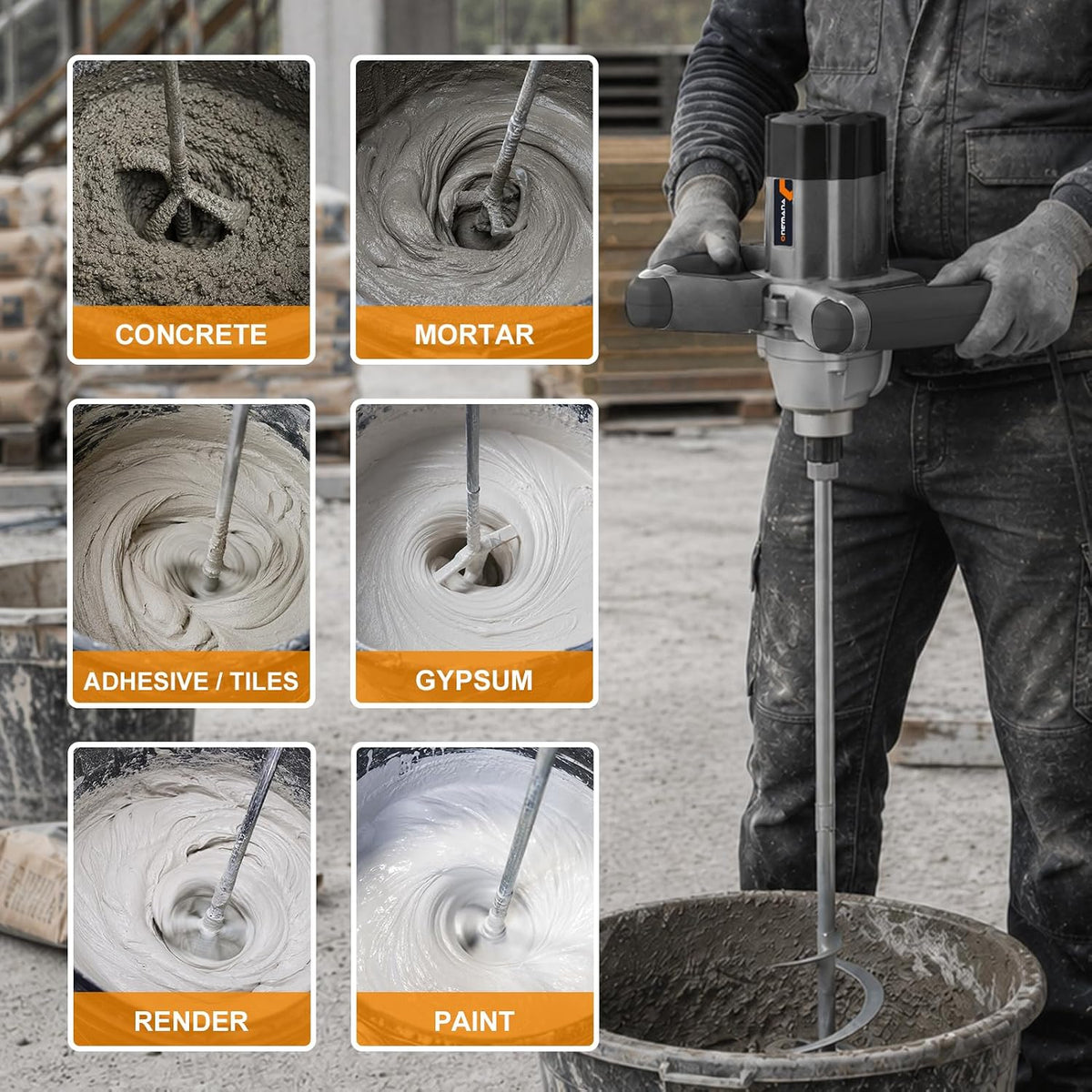Onemana 1200W Electric Concrete and Paint Mixer with 120mm Paddle