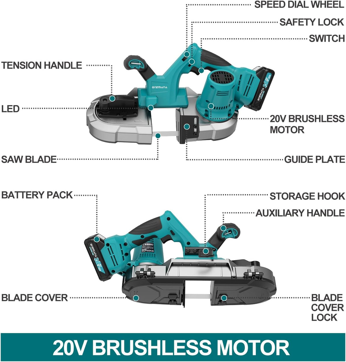 Onemana 20V Brushless Cordless Band Saw,2.5-Inch, 6-Speed