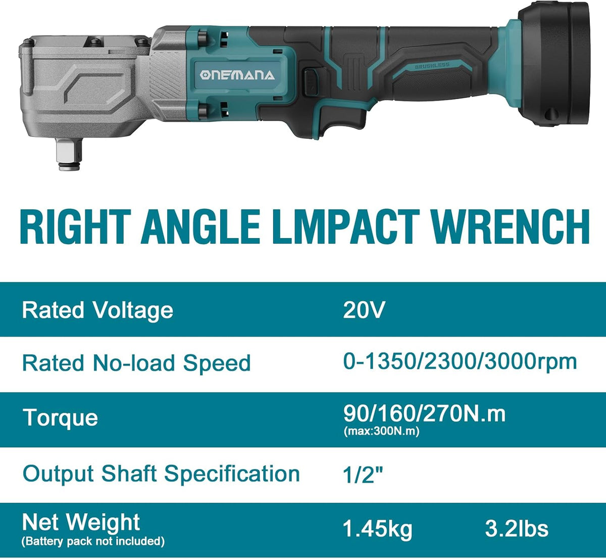 Onemana 20V Cordless Right-Angle Impact Wrench, Tool Only, 1/2"