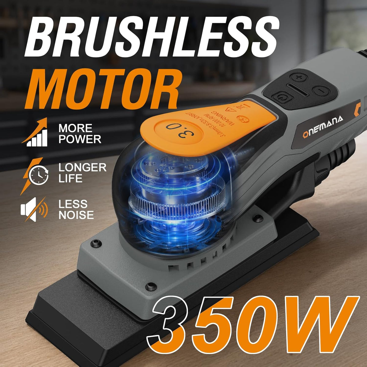 Onemana 350W Brushless Square Base Orbital Sander With Dust Collection