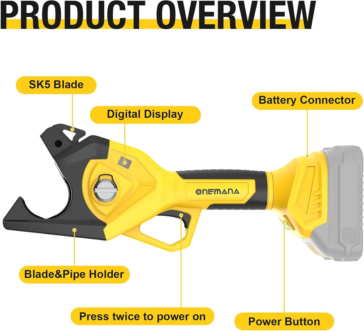 Onemana Cordless Electric Pipe Cutter 18V, 1-1/2" PVC Cutter Yellow（ Tool Only）