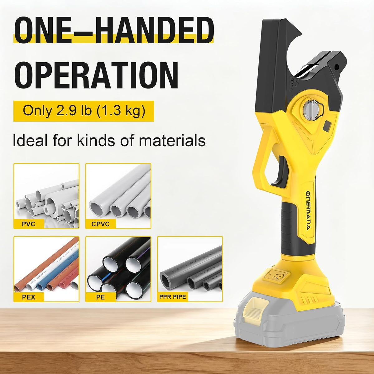 Onemana Cordless Electric Pipe Cutter 18V, 1-1/2" PVC Cutter Yellow（ Tool Only）
