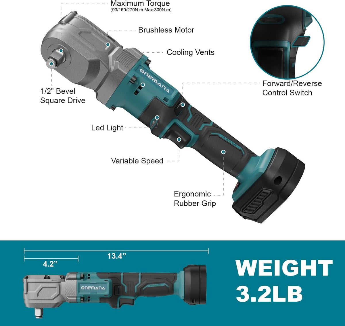 Onemana 20V Cordless Right-Angle Impact Wrench, Tool Only, 1/2"