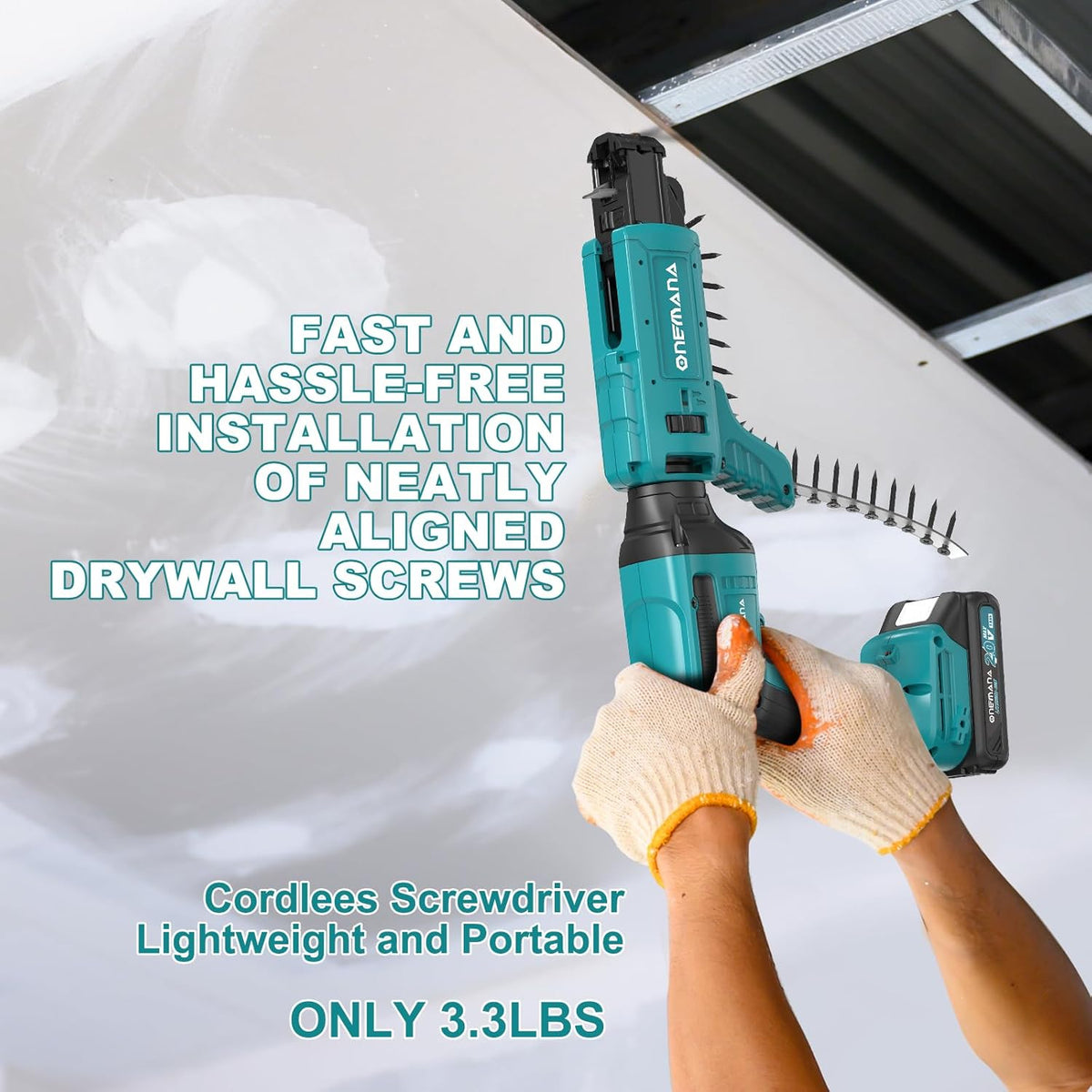 Onemana 20V Brushless Cordless Auto-Feed Drywall Screw Gun, 4200RPM