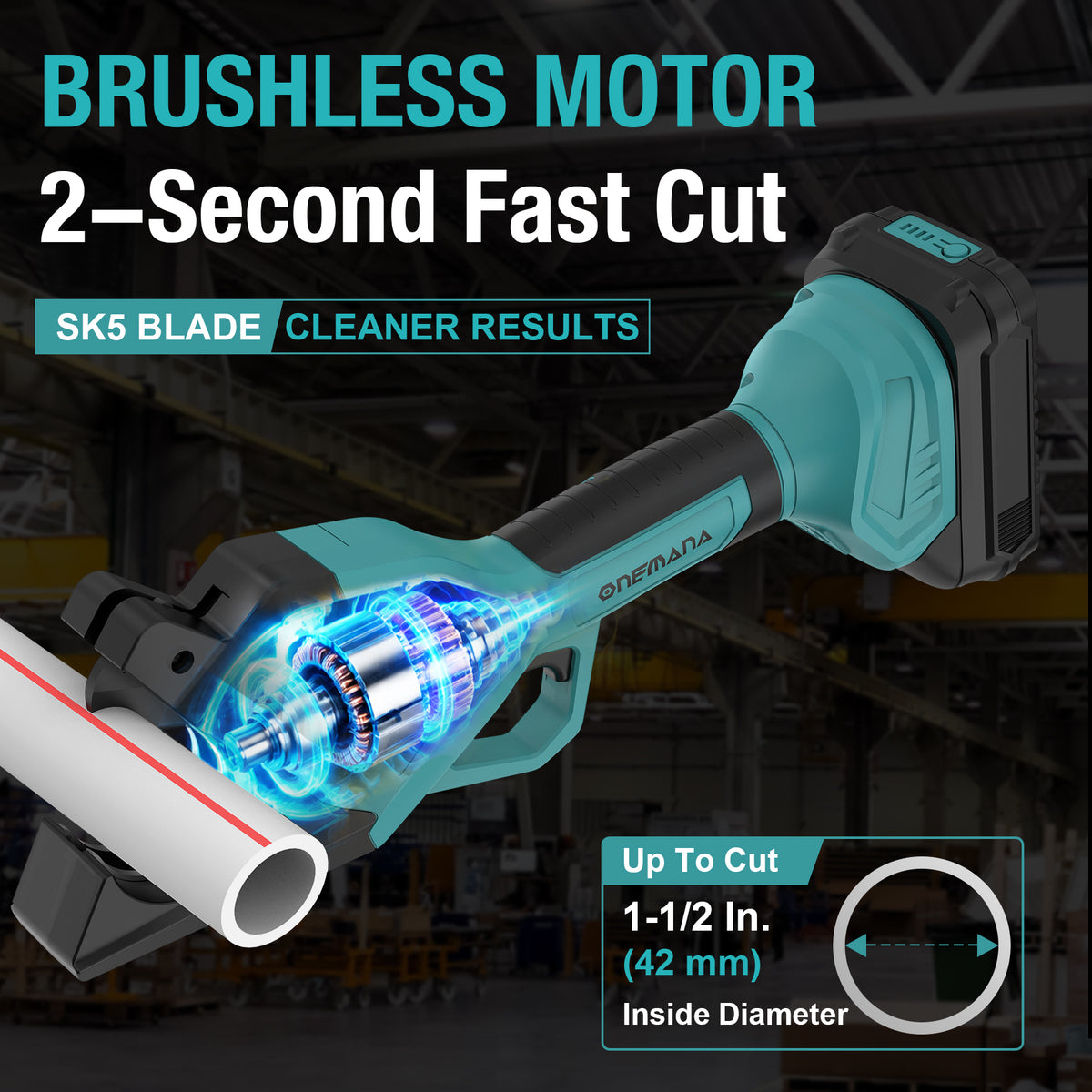 Onemana Cordless Electric Pipe Cutter 18V, 1-1/2" PVC Cutter Blue（Tool Only）