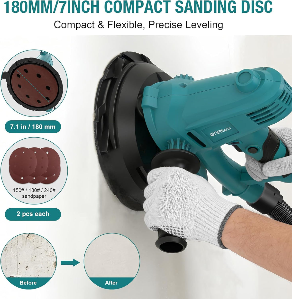 Onemana Electric Drywall Sander 750W with Vacuum Dust Collection Blue Color
