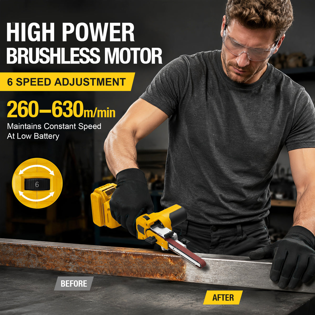 Onemana Cordless Brushless Belt Sander, 6-Speed,Yellow（Tool Only）