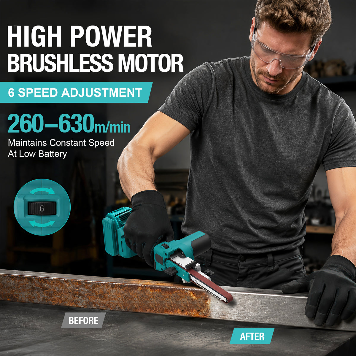 Onemana Cordless Brushless Belt Sander, 6-Speed,Dust Port（Tool Only）