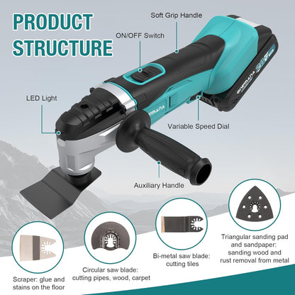 Onemana 18V Cordless Oscillating Multi-Tool Kit, 6-Speed, LED（Tool Only）