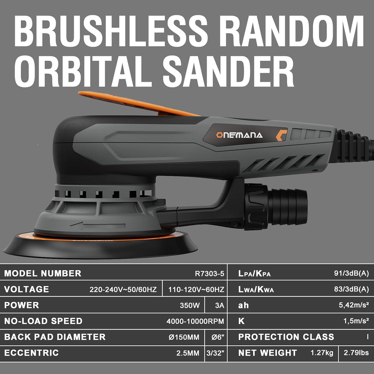 Onemana 350W Brushless Random Orbital Sander, 2.5mm Orbit, 6" Variable Speed