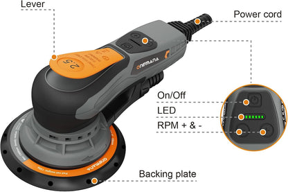 Onemana 350W Brushless Random Orbital Sander, 2.5mm Orbit, 6" Variable Speed