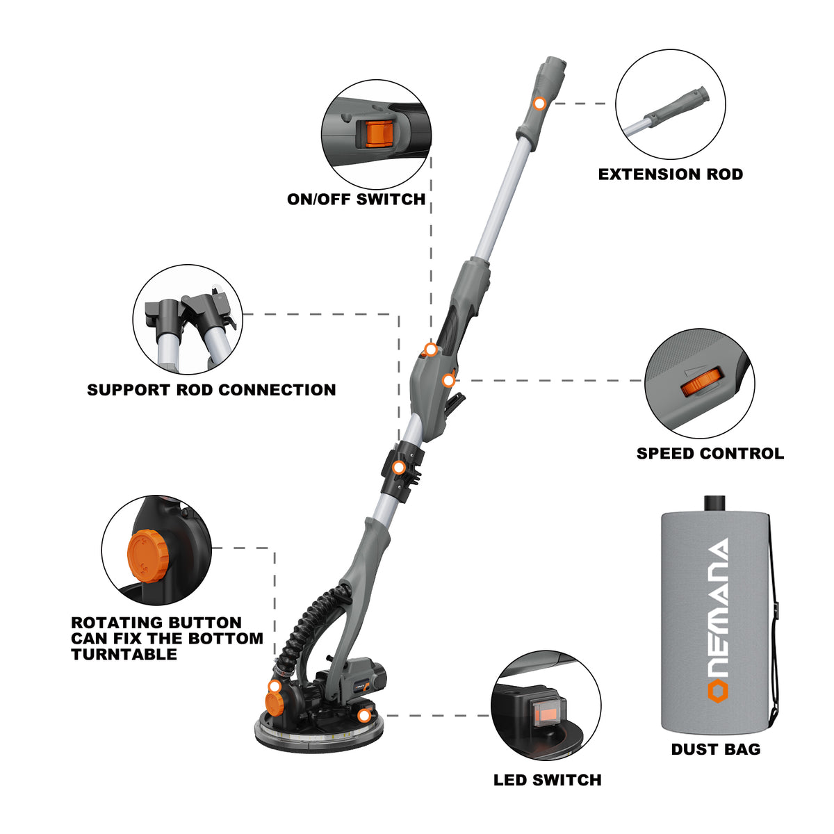 Onemana Flodable Drywall Sander with Vacuum, 820W Popcorn Ceiling Removal Tool