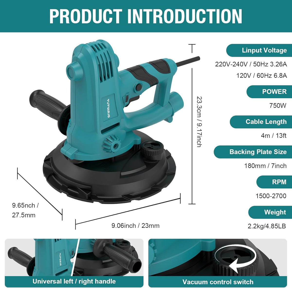 Onemana Electric Drywall Sander 750W with Vacuum Dust Collection Blue Color