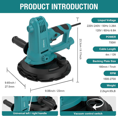 Onemana Electric Drywall Sander 750W with Vacuum Dust Collection Blue Color