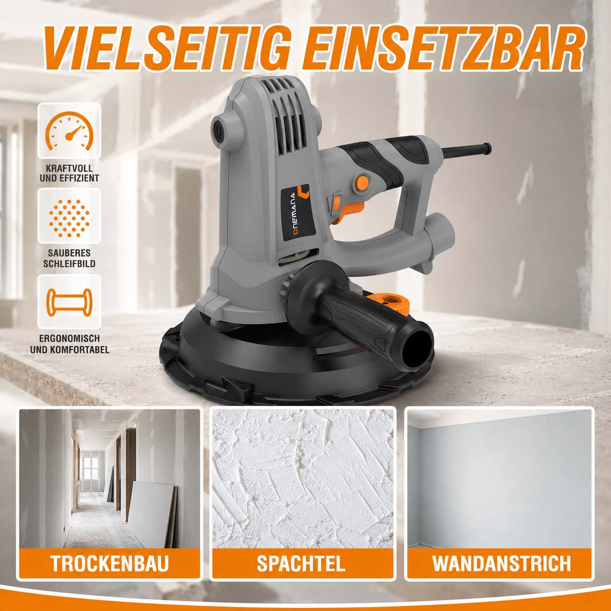 Onemana Electric Drywall Sander 750W with Vacuum Dust Collection Grey Color