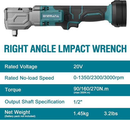 Onemana 20V Cordless Right-Angle Impact Wrench, Tool Only, 1/2"